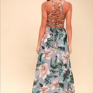 Lulu’s - Love Abloom - Grey Floral Print Lace up Maxi Dress